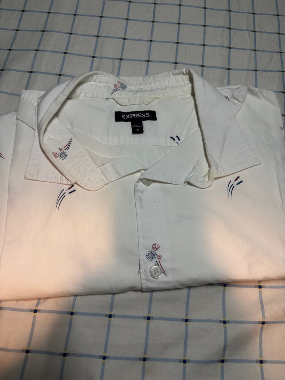 Express White Short-Sleeve Button-Down Shirt with Navy & Red Embroidery